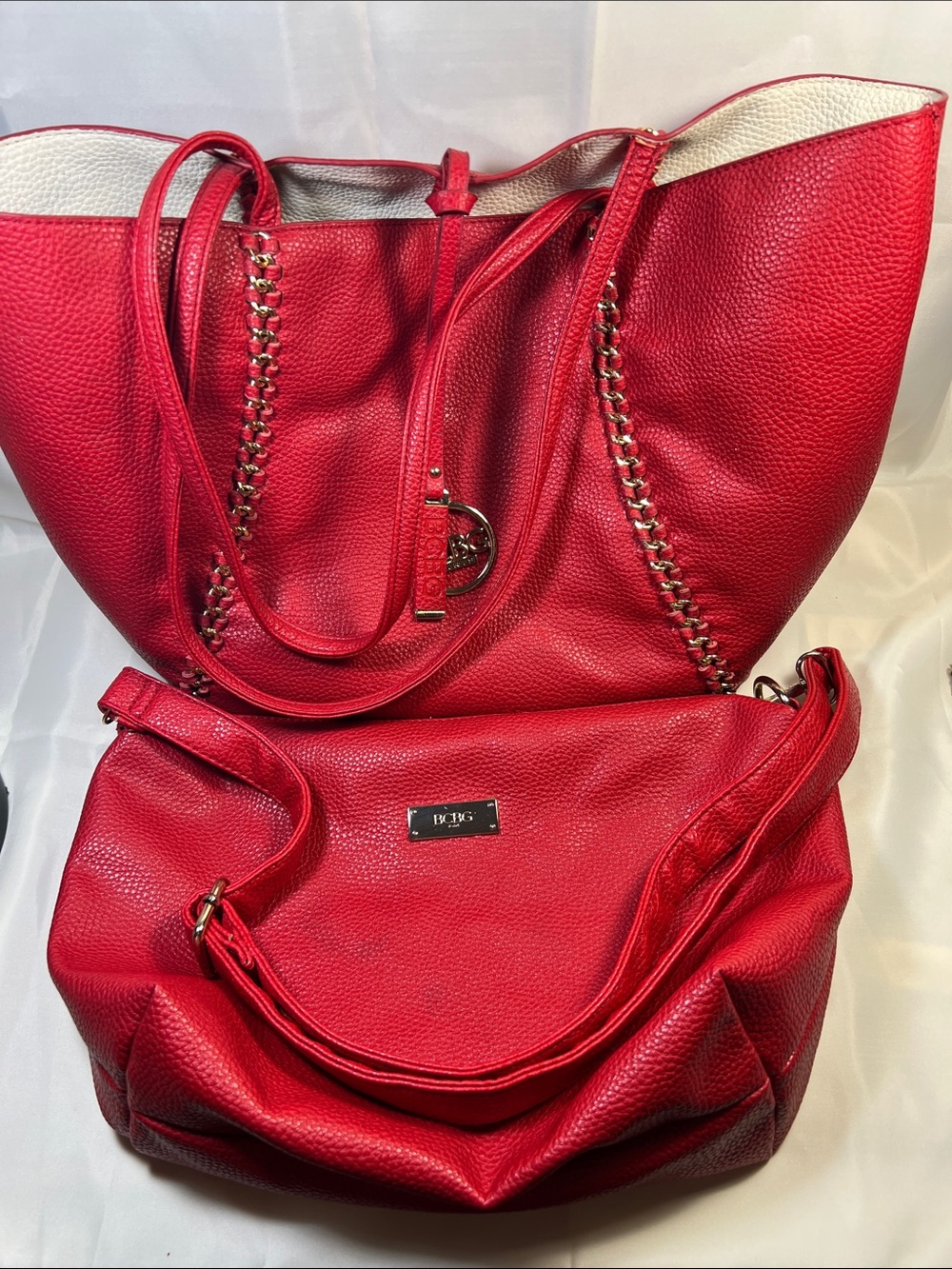BCBG Red Pebbled Leather Tote and Hobo Set with Gold Hardware